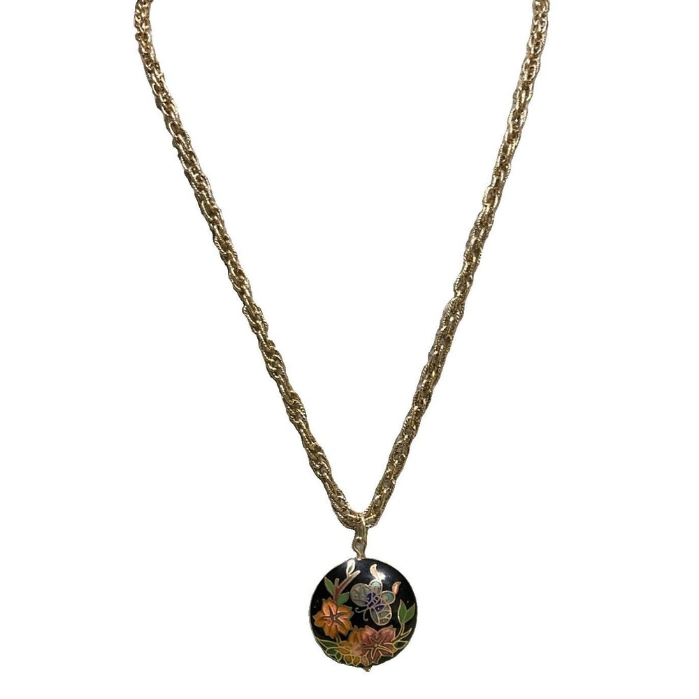 Vintage Gold Tone Enamel Cloisonné Colorful Floral Butterfly Necklace